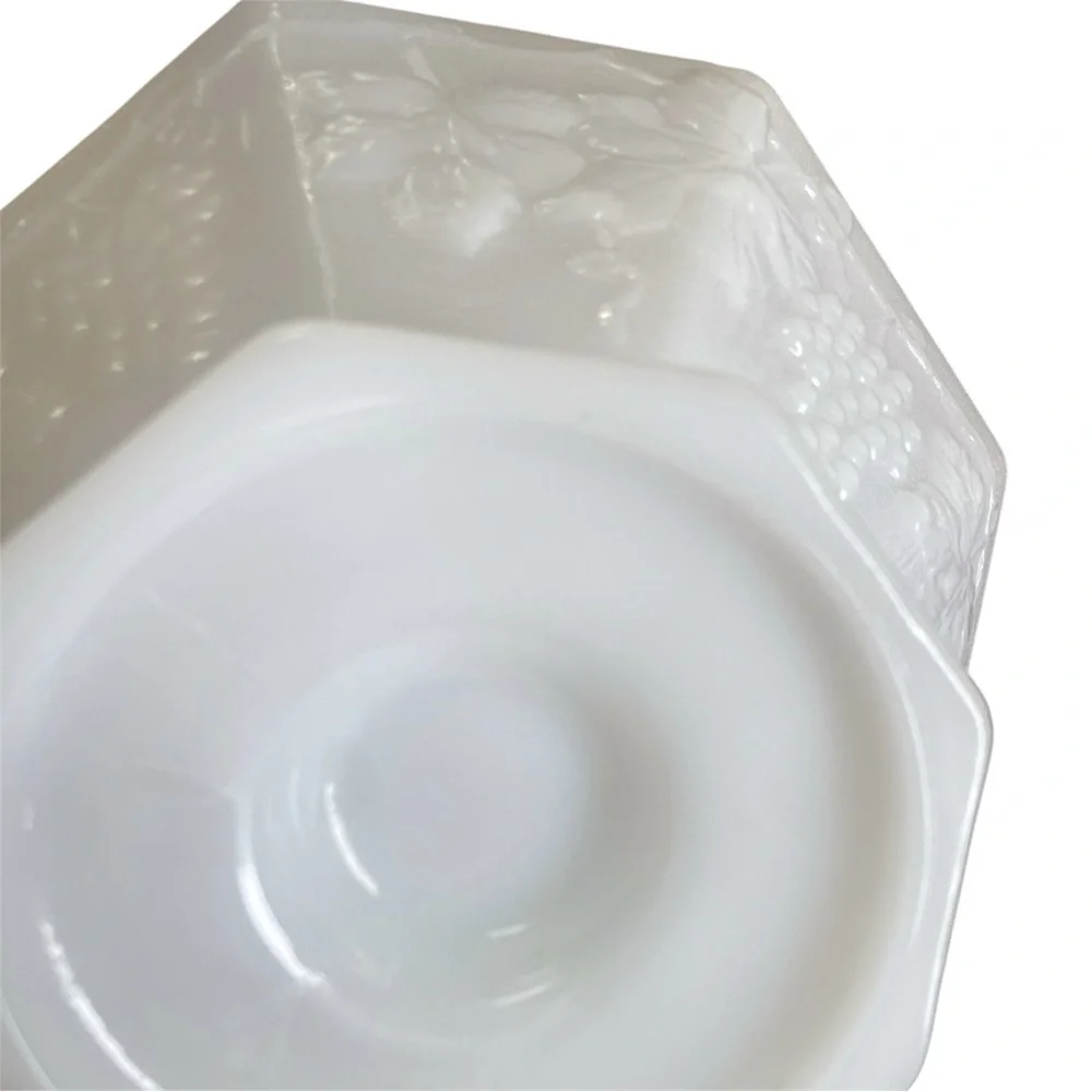 Vintage 1960s Anchor Hocking 9” Milk Glass Grape Leaf Pedestal Footed Fruit Bowl